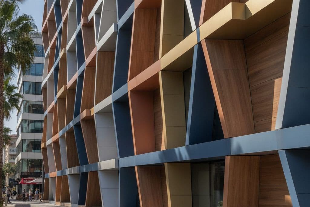 Farklı renk ve dokularda alüminyum kompozit panellerle tasarlanmış modern bir bina cephesi