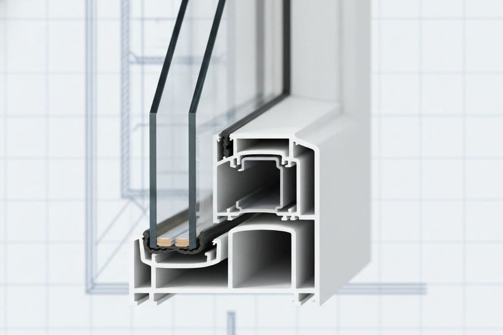 Modern bir PVC pencere profilinin kesit şeması, çift cam ve contaları gösteriyor.