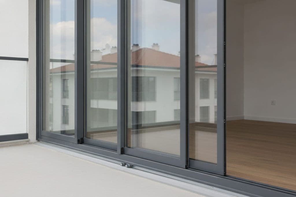 Modern bir daire balkonunda şık sürme cam balkon sisteminin yakın çekimi