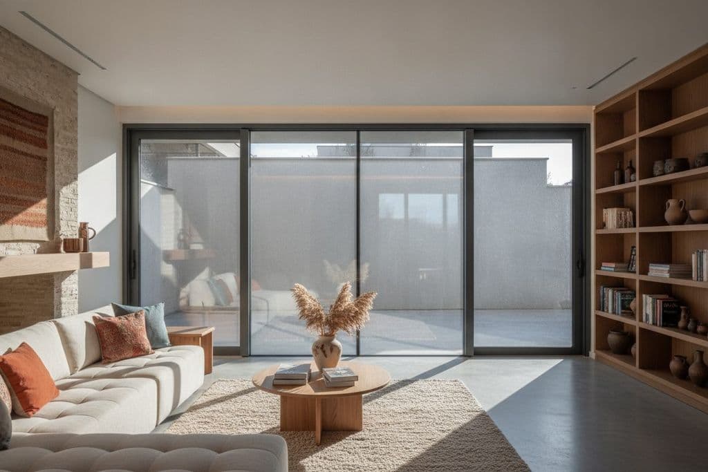 Büyük alüminyum sürme kapılı modern bir oturma odası iç görünümü, pencere çerçevesinde yoğuşma yok.