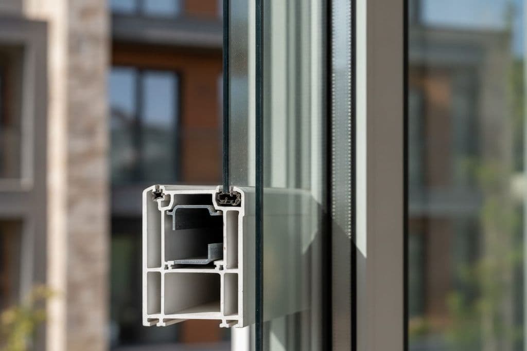 Yüksek performanslı PVC pencere profilinin kesit görünümü, çelik takviyeyi ve üçlü cam ünitesini gösteriyor.